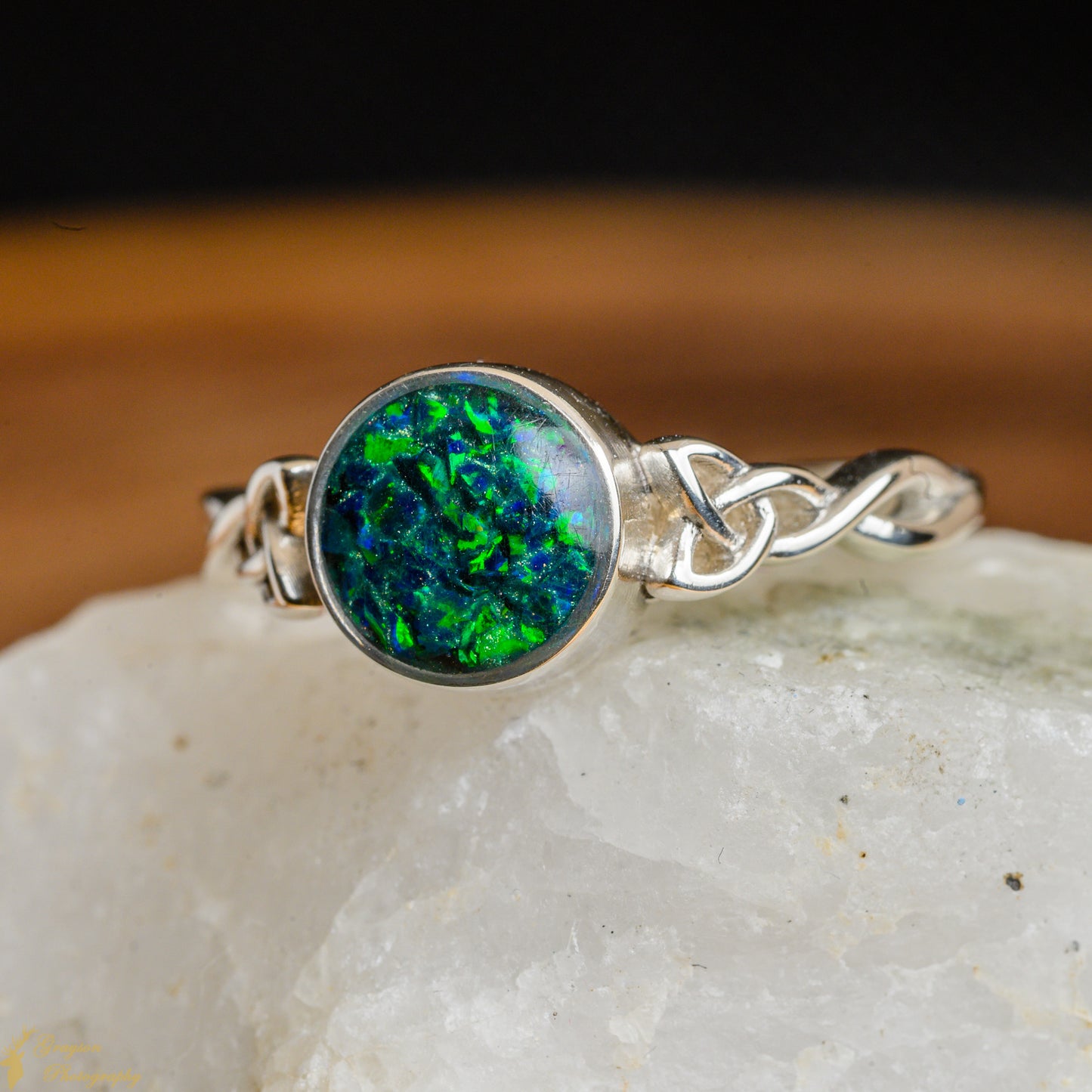 Celtic Round Emerald Green Opal Wedding Ring • Handmade Opal Sterling Silver Gem Jewellery • Perfect Gift for Her