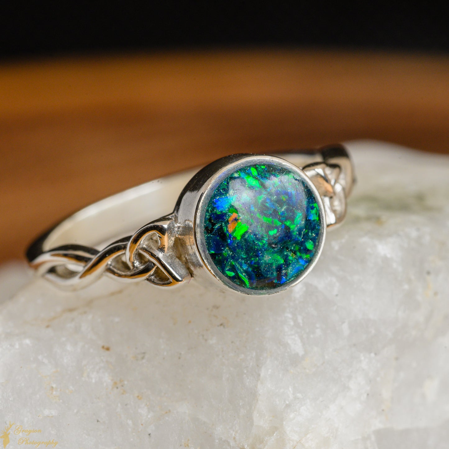 Celtic Round Emerald Green Opal Wedding Ring • Handmade Opal Sterling Silver Gem Jewellery • Perfect Gift for Her