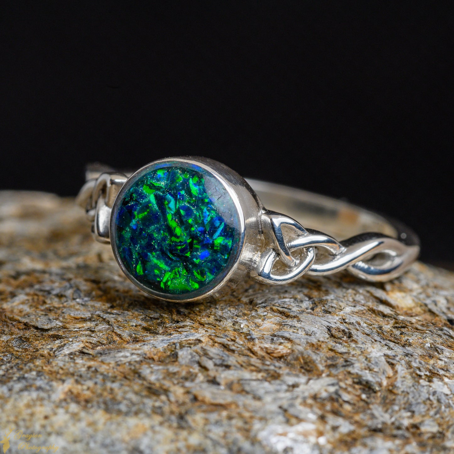 Celtic Round Emerald Green Opal Wedding Ring • Handmade Opal Sterling Silver Gem Jewellery • Perfect Gift for Her