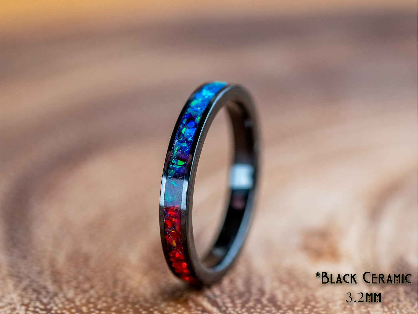 Rainbow Pride Flag 3.2mm Black Ceramic Opal Ring Size 7.5 - Handmade, LGBTQIA+, Red, Orange, Yellow, Green, Blue, Purple