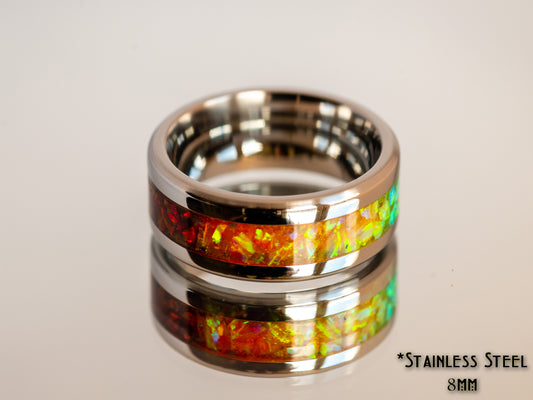 Rainbow Pride Ring Size 7 or 7.5 - 8mm Stainless Steel, Opal, LGBT Handmade, Steel, Red, Yellow, Orange, Green, Purple, Blue