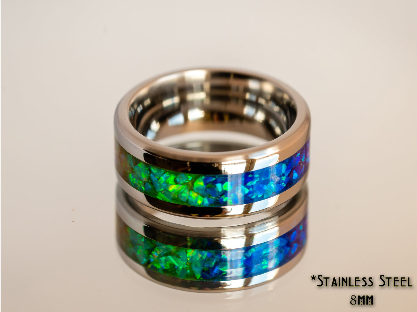 Rainbow Pride Ring Size 7 or 7.5 - 8mm Stainless Steel, Opal, LGBT Handmade, Steel, Red, Yellow, Orange, Green, Purple, Blue