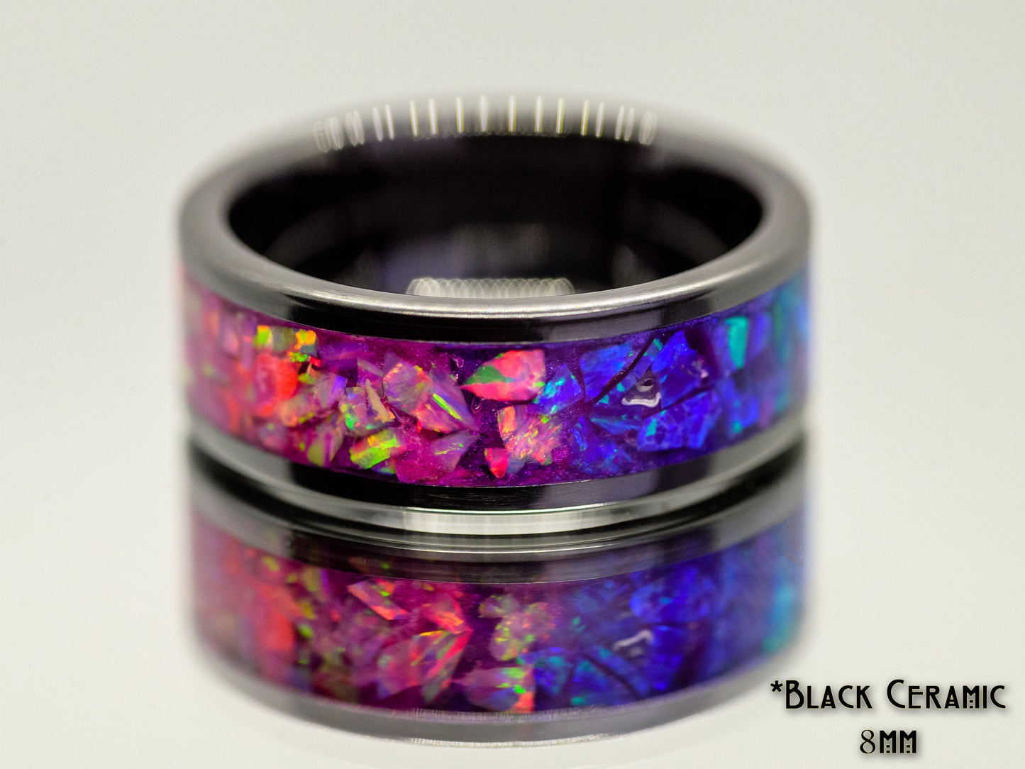 Bisexual Pride Flag Ring Size 10.5 - Black Ceramic, Synthetic Opal, LGBT