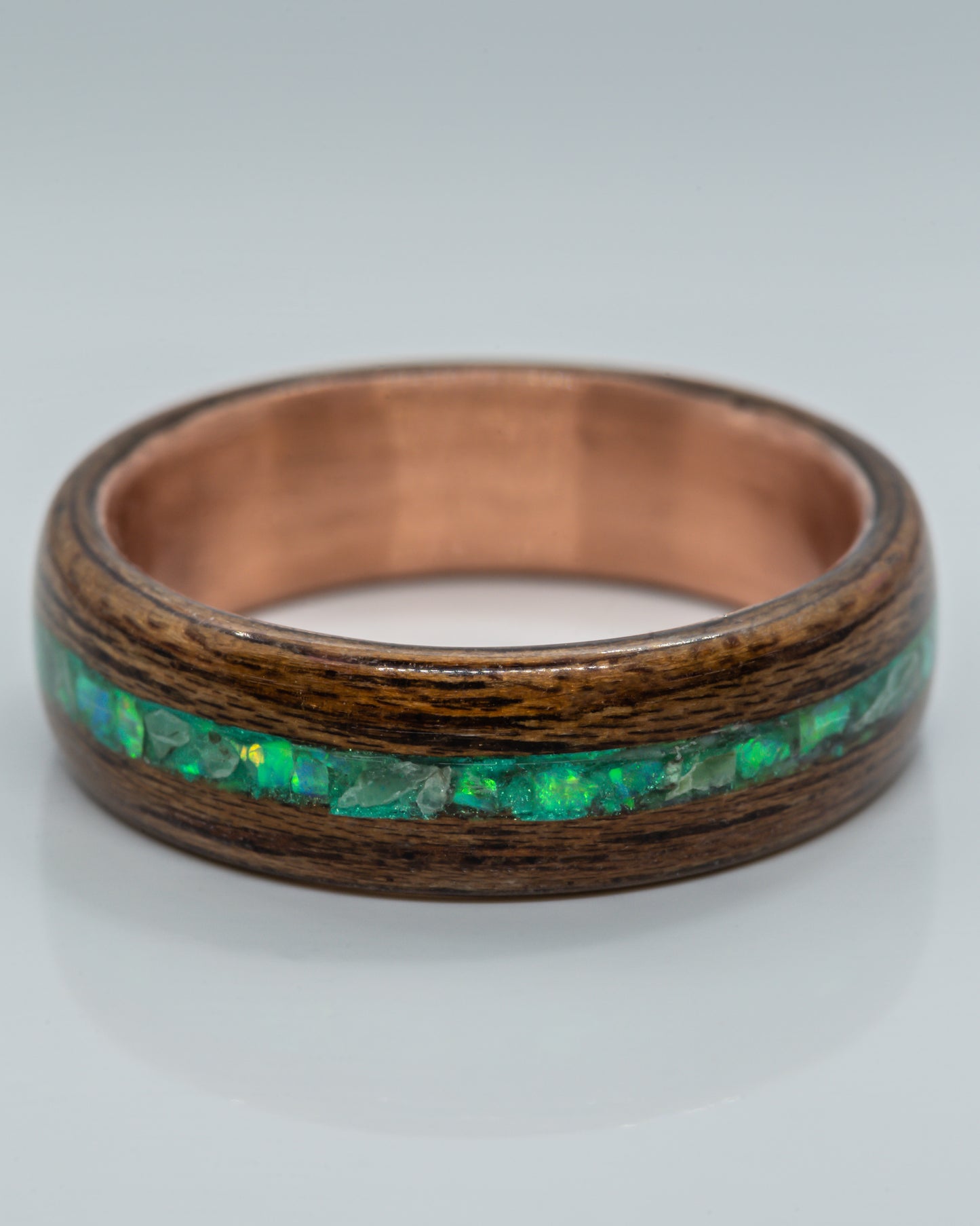 Smoked Oak Wood, Copper and Emerald Ring, Green Opal, Size 10.5, Bentwood, Jewellery