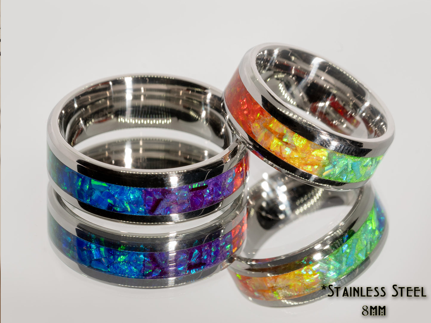 Rainbow Pride Ring Size 7 or 7.5 - 8mm Stainless Steel, Opal, LGBT Handmade, Steel, Red, Yellow, Orange, Green, Purple, Blue