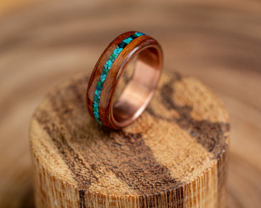 Santos Rosewood + Copper Ring, Turquoise, Green Opal, Size 10.5, Bentwood, Jewellery, Handmade