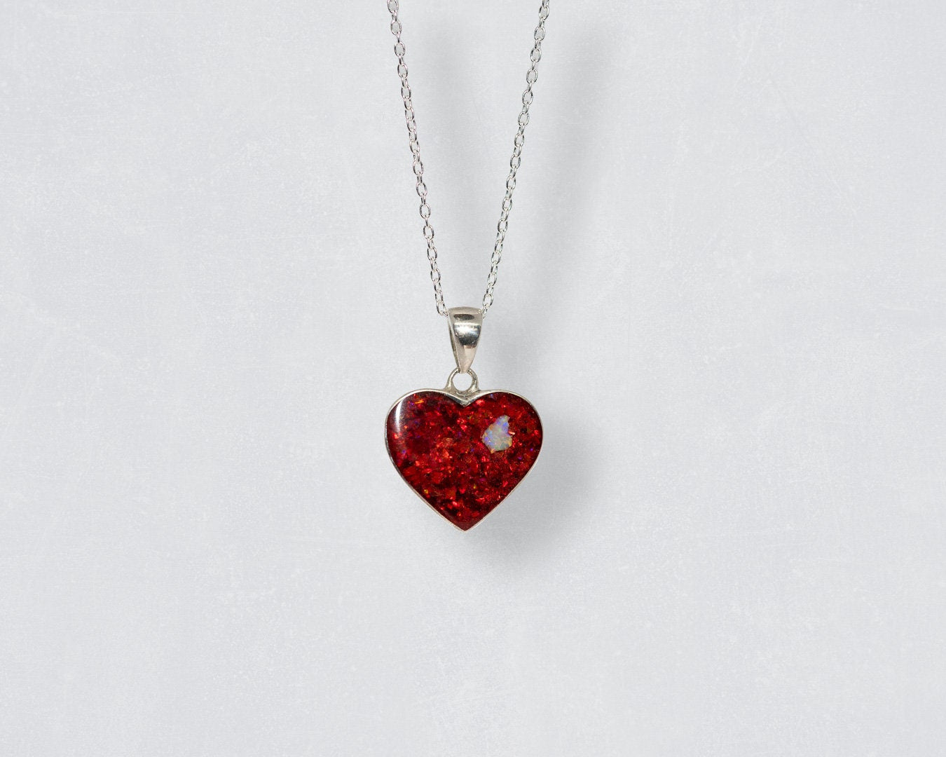 Sterling Silver Heart Pendant Necklace, Red Opal, White Opal, 18 Inch Chain, Jewellery