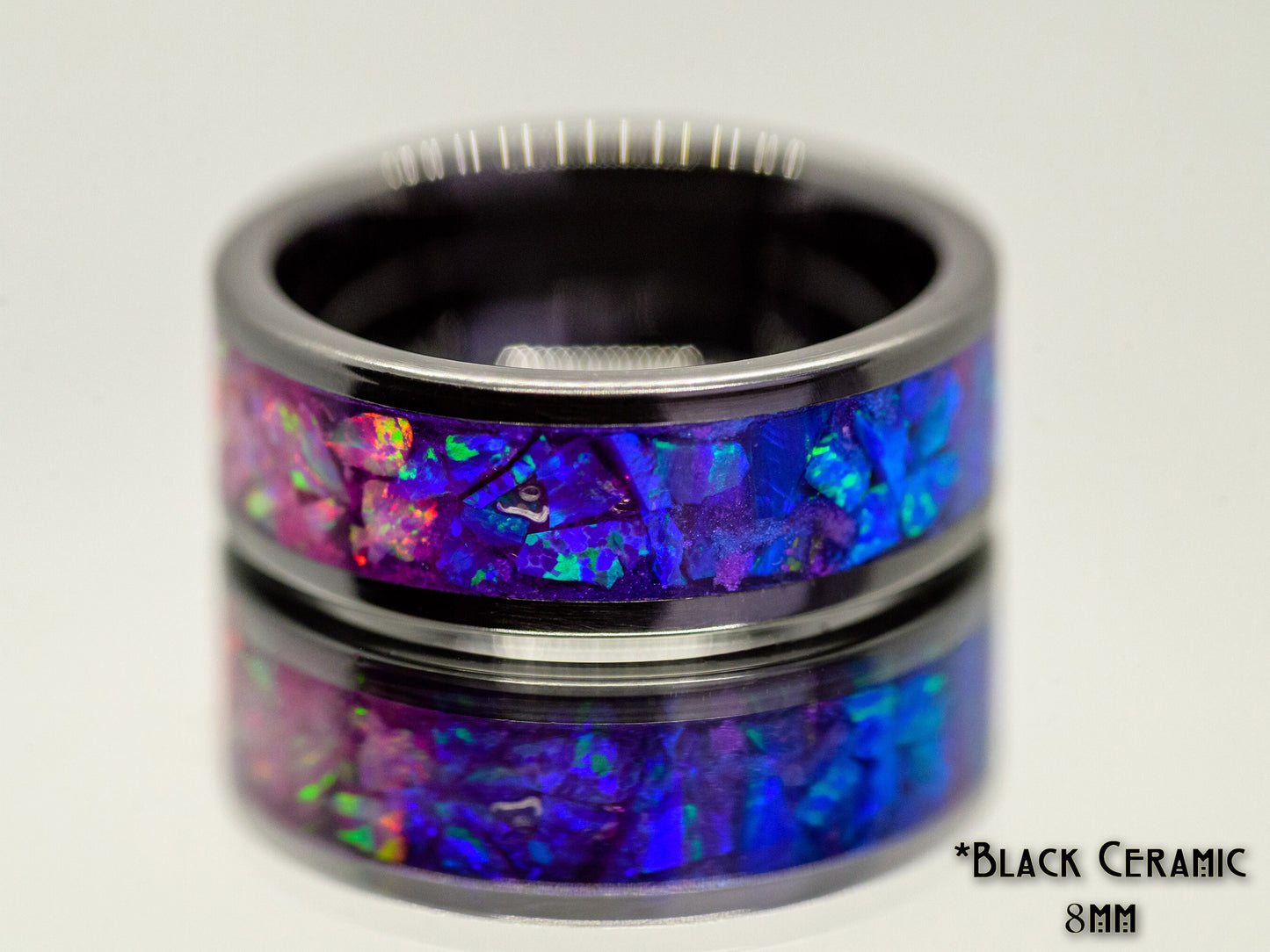 LGBTQ+ Bisexual Pride Ring Size 10.5 - Lab Grown Opal, Black Ceramic, Gift For Him, Gift For Her, Handmade Custom Jewellery