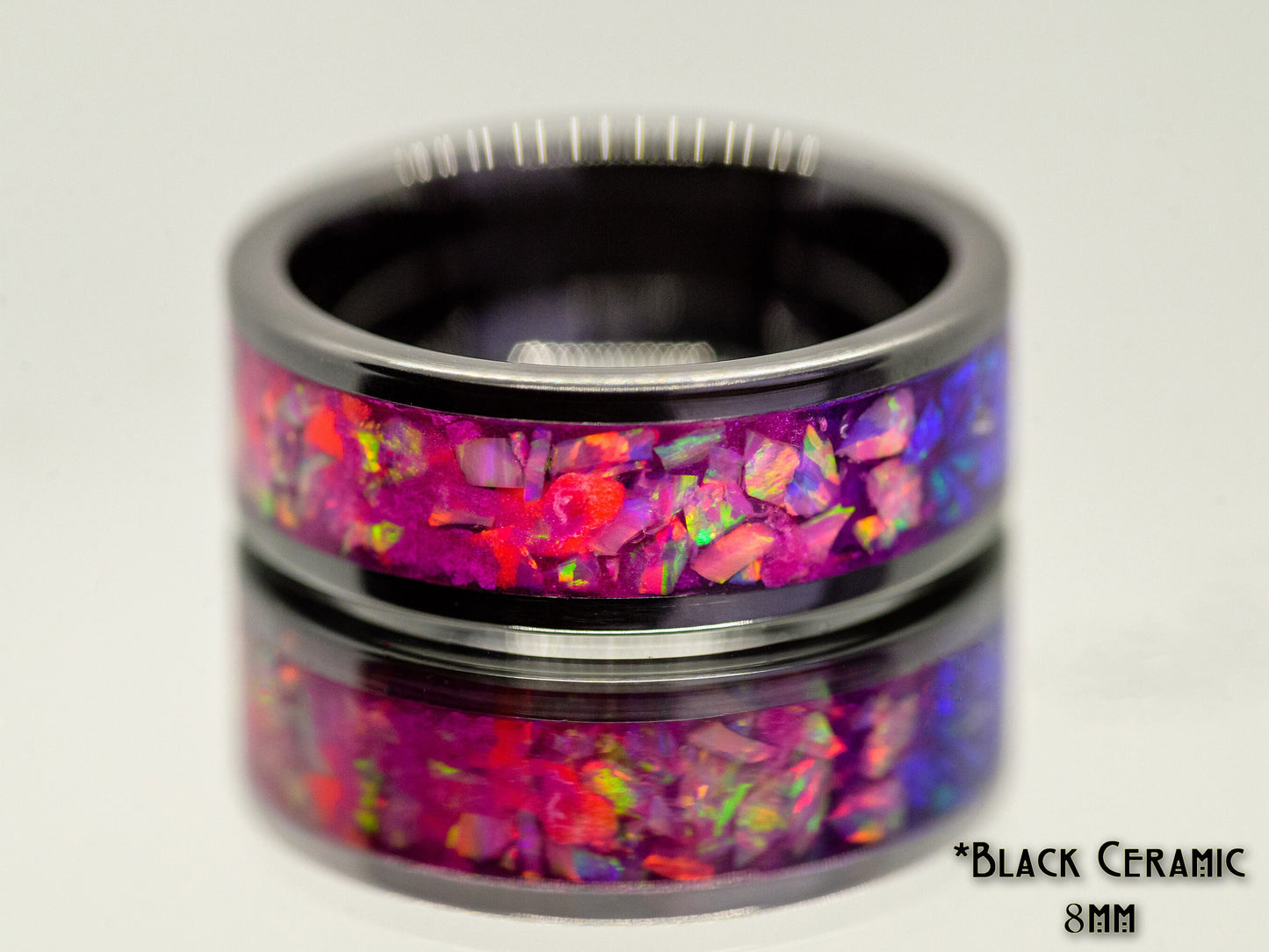 LGBTQ+ Bisexual Pride Ring Size 10.5 - Lab Grown Opal, Black Ceramic, Gift For Him, Gift For Her, Handmade Custom Jewellery