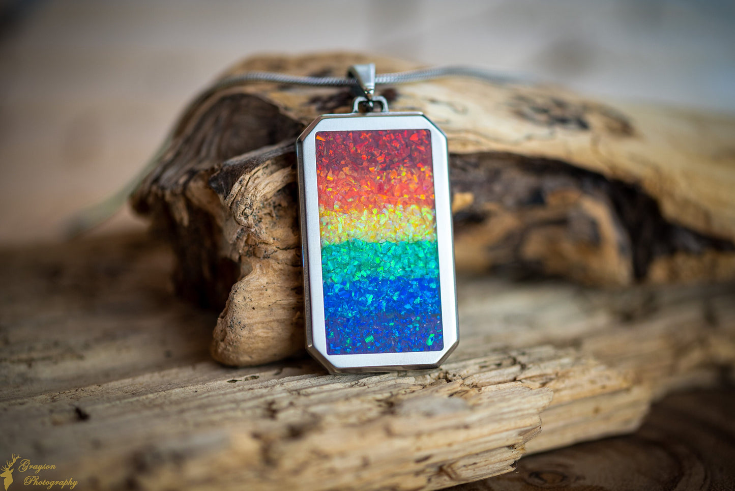 Rainbow Pride Dog Tag - LGBTQIA+ Steel Necklace with Titanium Pendant - Opal Gemstone Jewelry - Gift for Him - Gift for Her