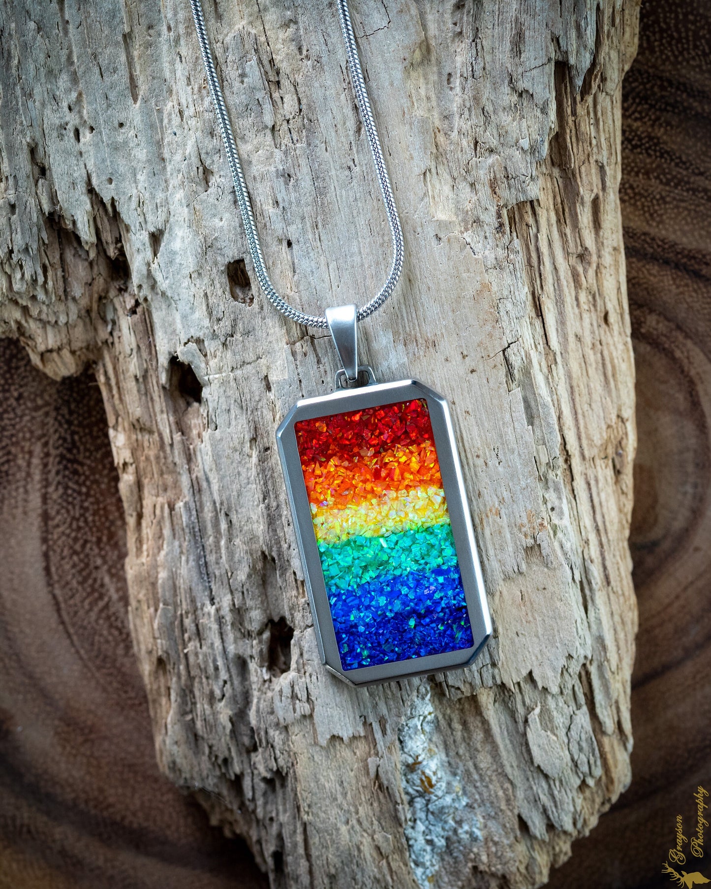 Rainbow Pride Dog Tag - LGBTQIA+ Steel Necklace with Titanium Pendant - Opal Gemstone Jewelry - Gift for Him - Gift for Her