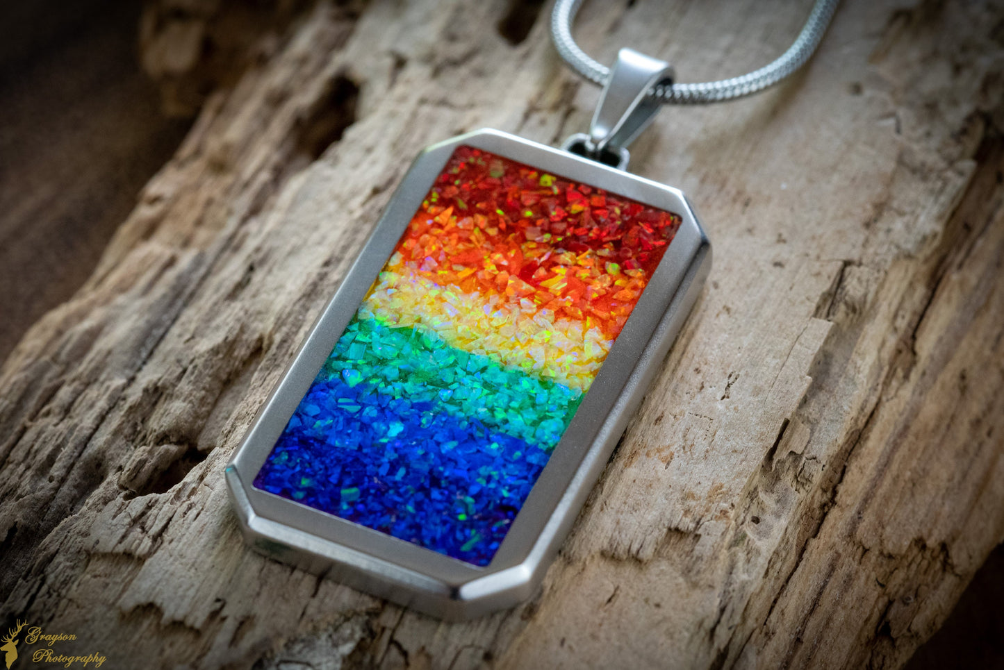 Rainbow Pride Dog Tag - LGBTQIA+ Steel Necklace with Titanium Pendant - Opal Gemstone Jewelry - Gift for Him - Gift for Her