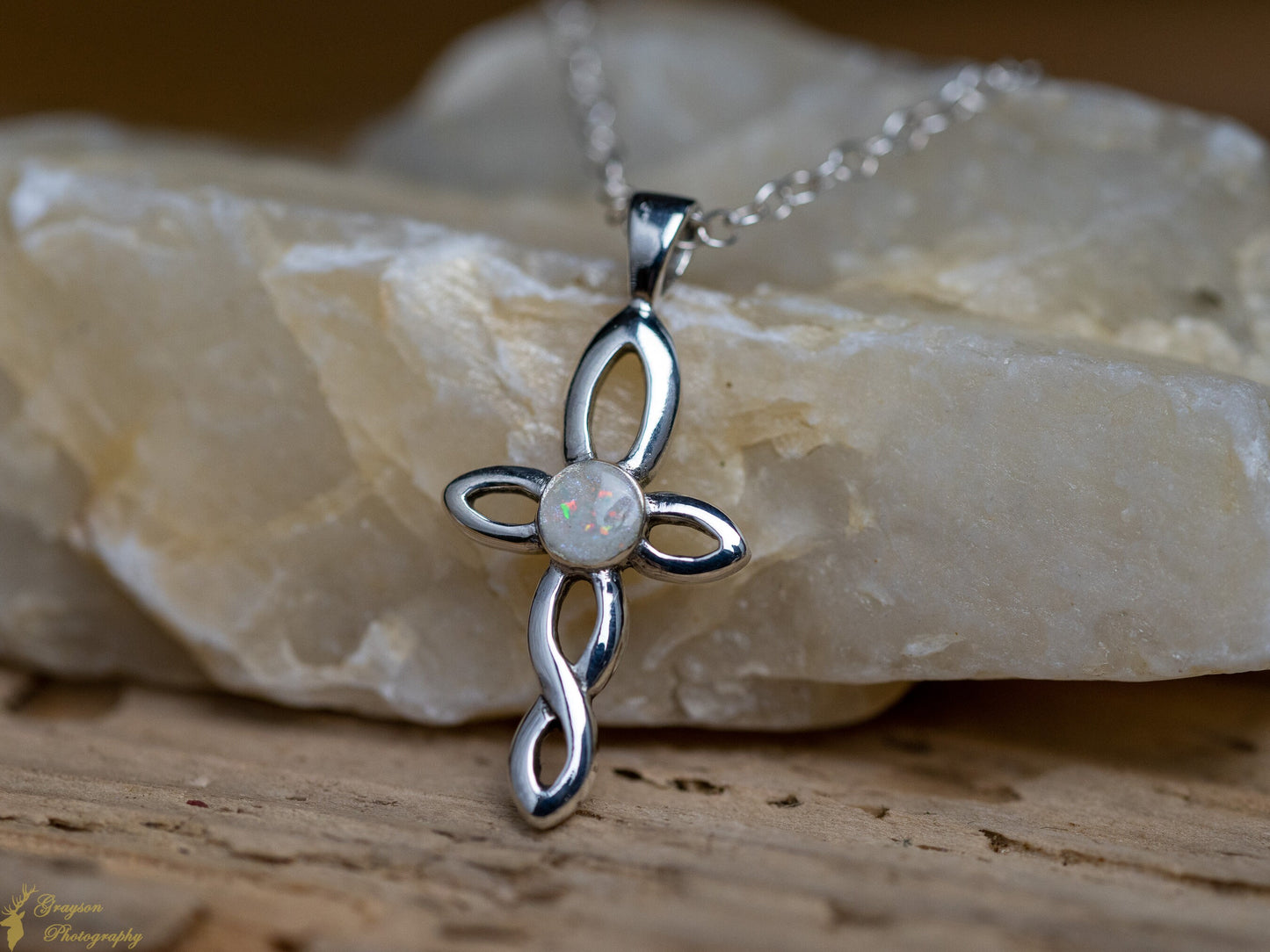 Celtic Cross Opal Pendant Necklace - Handmade Sterling Silver Jewellery for Communion or Wedding Gift