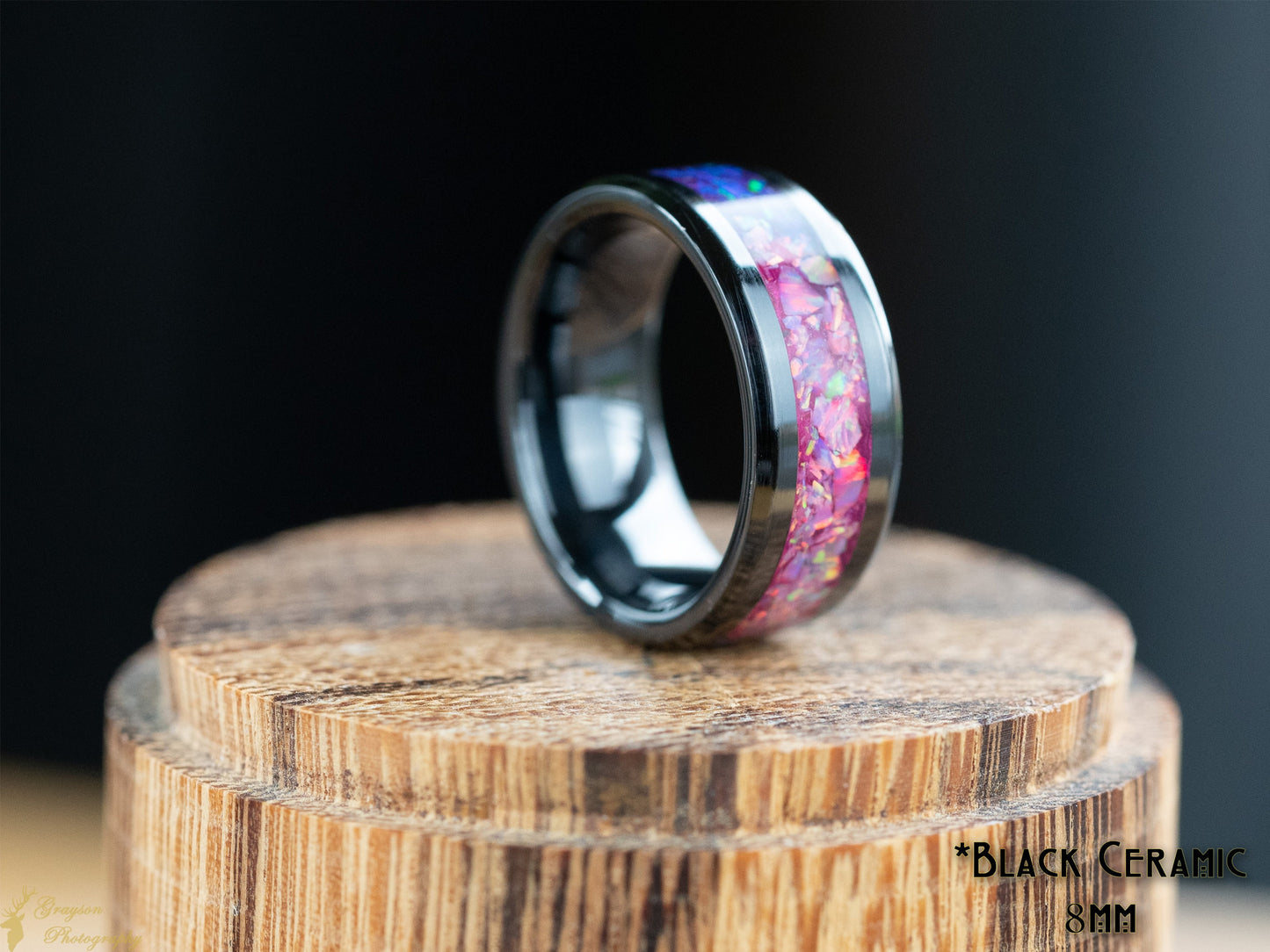 LGBTQ+ Bisexual Pride Ring Size 10.5 - Lab Grown Opal, Black Ceramic, Gift For Him, Gift For Her, Handmade Custom Jewellery