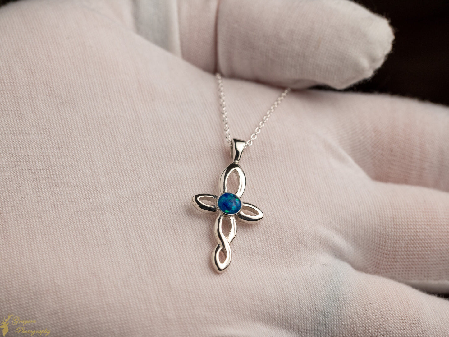 Celtic Cross Opal Pendant Necklace - Handmade Sterling Silver Jewellery for Communion or Wedding Gift