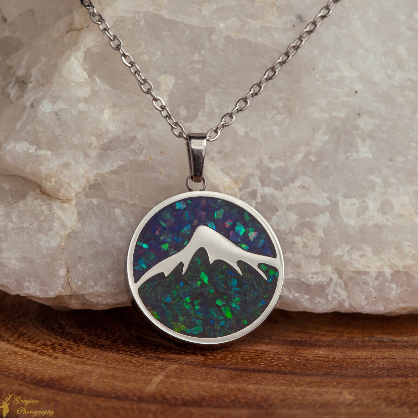 Mountain Range Round Stainless Steel Pendant Necklace - Opal Gemstone Jewelry - Gift for Him - Gift for Her