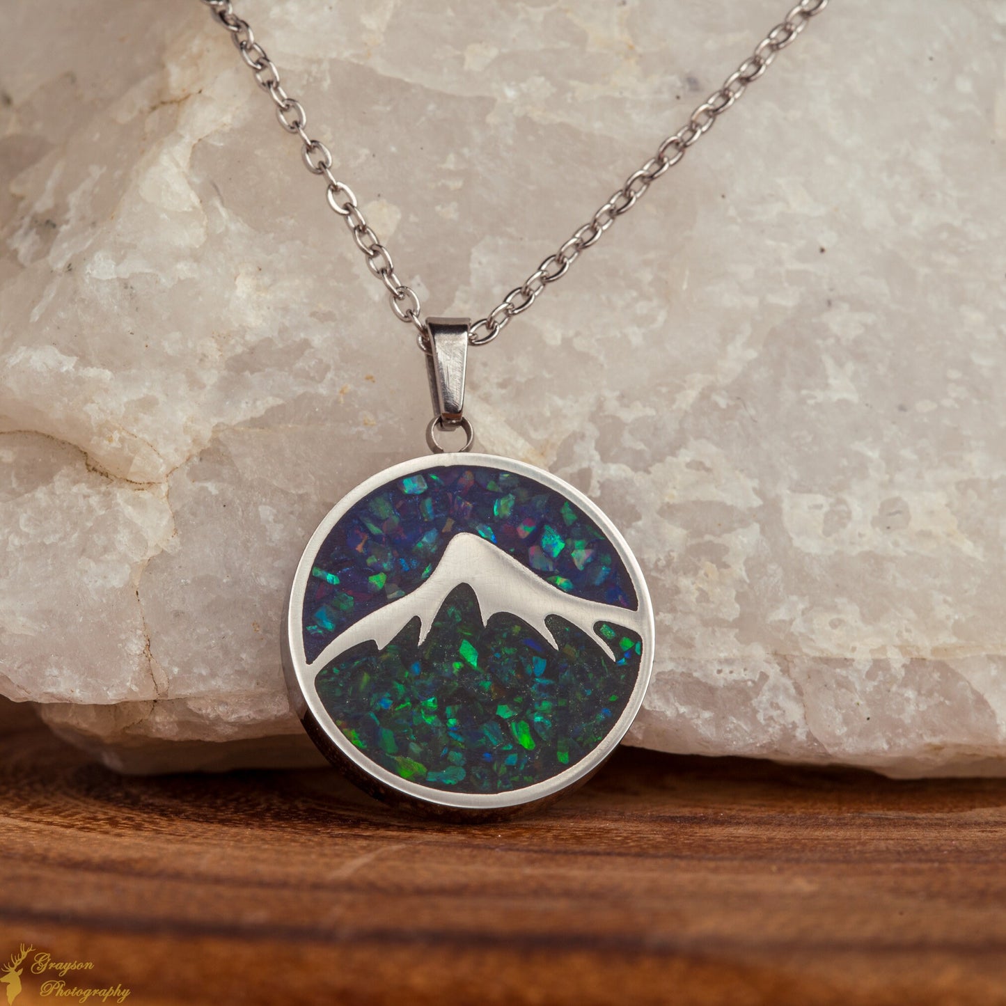 Mountain Range Round Stainless Steel Pendant Necklace - Opal Gemstone Jewelry - Gift for Him - Gift for Her