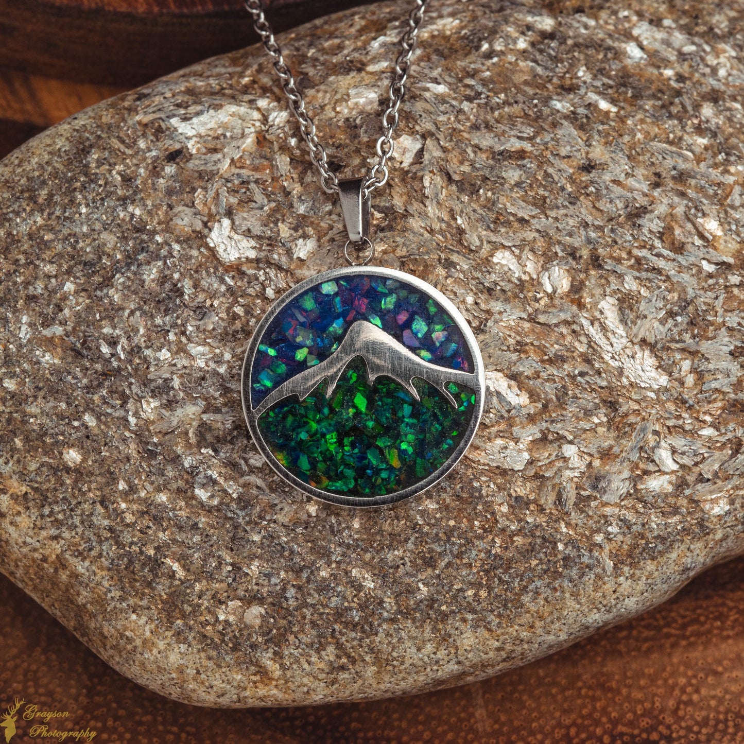 Mountain Range Round Stainless Steel Pendant Necklace - Opal Gemstone Jewelry - Gift for Him - Gift for Her