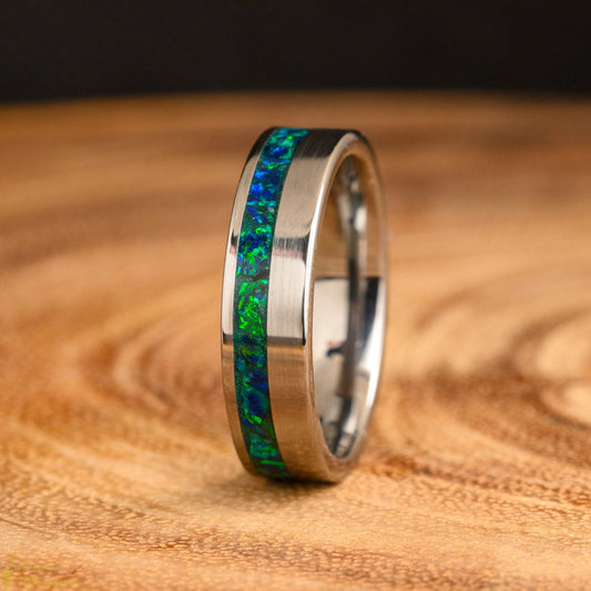 Tungsten Offset Emerald Green Opal Wedding Ring • Handmade Custom Gemstone Jewelry • Pefect Gift For Him or Her • Alternative Wedding Band