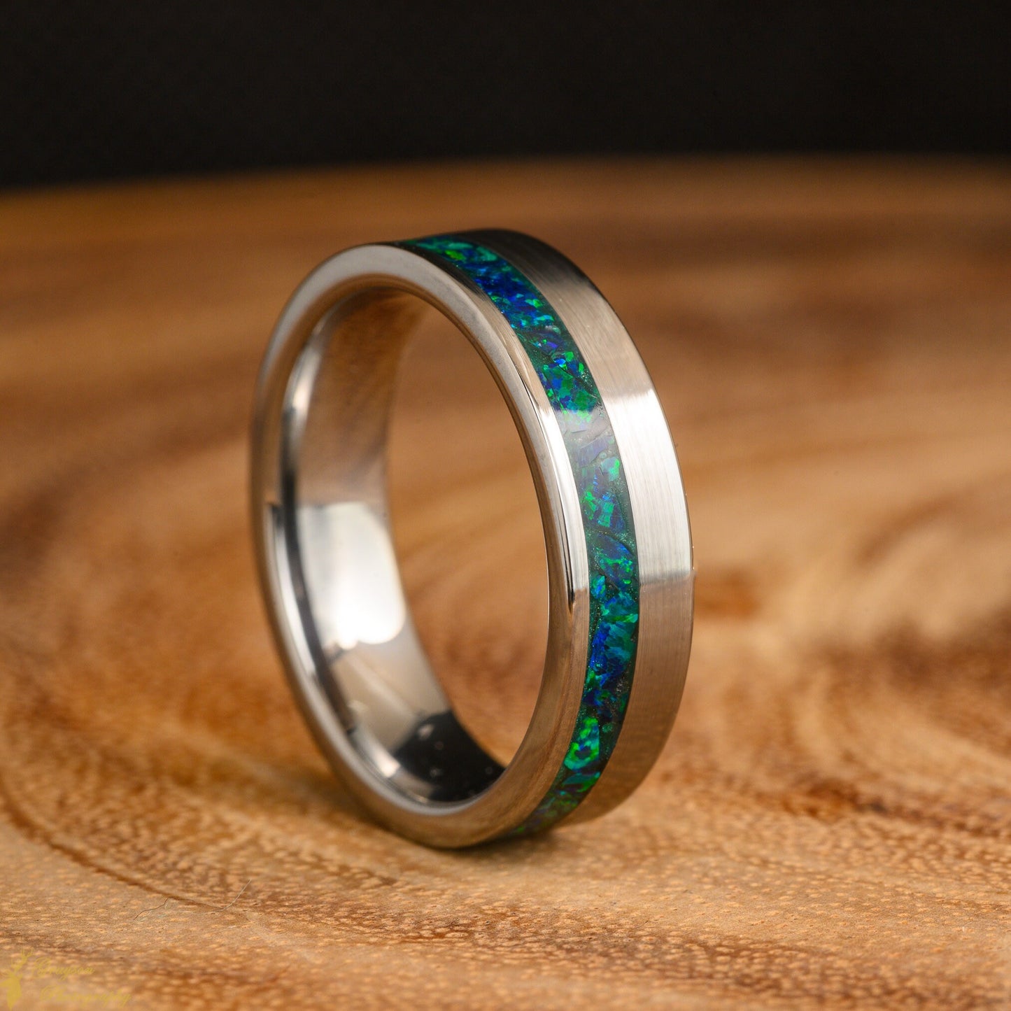 Tungsten Offset Emerald Green Opal Wedding Ring • Handmade Custom Gemstone Jewelry • Pefect Gift For Him or Her • Alternative Wedding Band