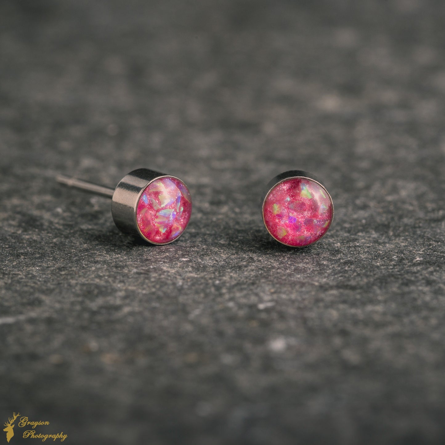 Magenta Stud Earring Pair - Handmade Pink Opal Jewellery - 5mm Stainless Steel Earrings - Minimalist Gift for Her or Him