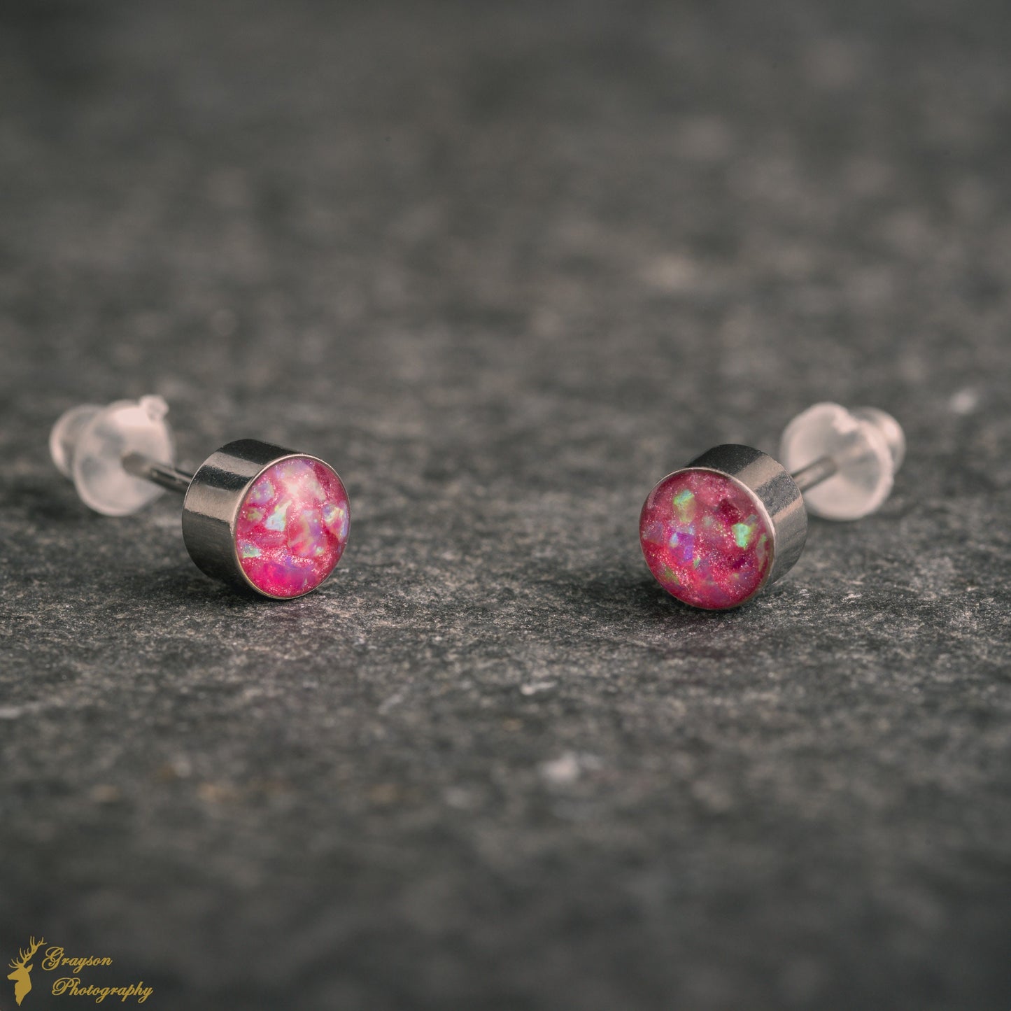 Magenta Stud Earring Pair - Handmade Pink Opal Jewellery - 5mm Stainless Steel Earrings - Minimalist Gift for Her or Him