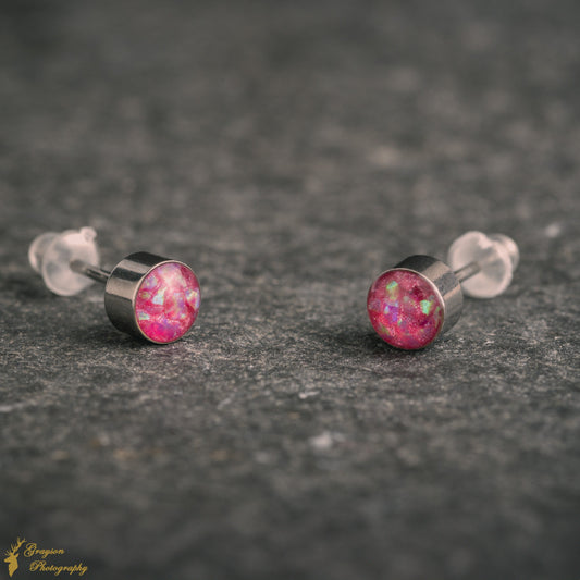 Magenta Stud Earring Pair - Handmade Pink Opal Jewellery - 5mm Stainless Steel Earrings - Minimalist Gift for Her or Him