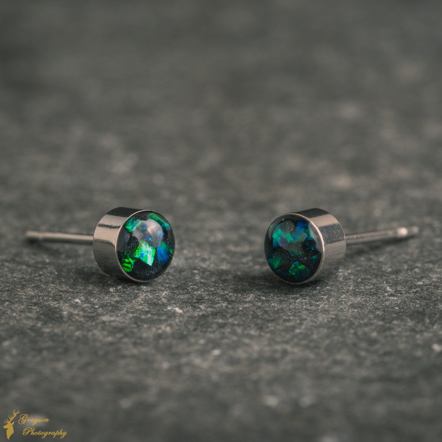 Black Emerald Opal Stud Earrings – Handmade 5mm Stainless Steel