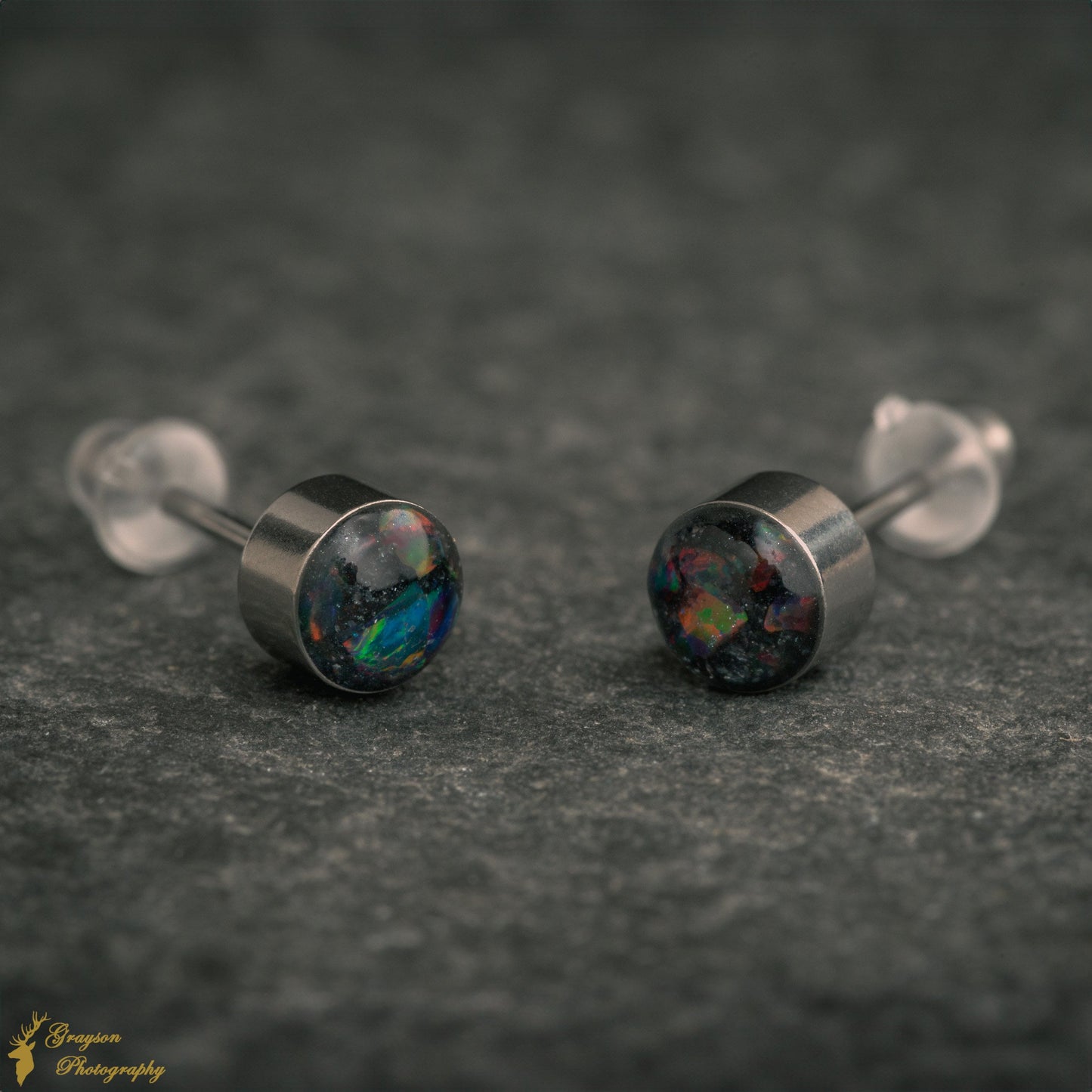 Space Black Stud Earring Pair - Handmade Opal Jewellery - 5mm Stainless Steel Earrings - Minimalist Gift for Her or Him