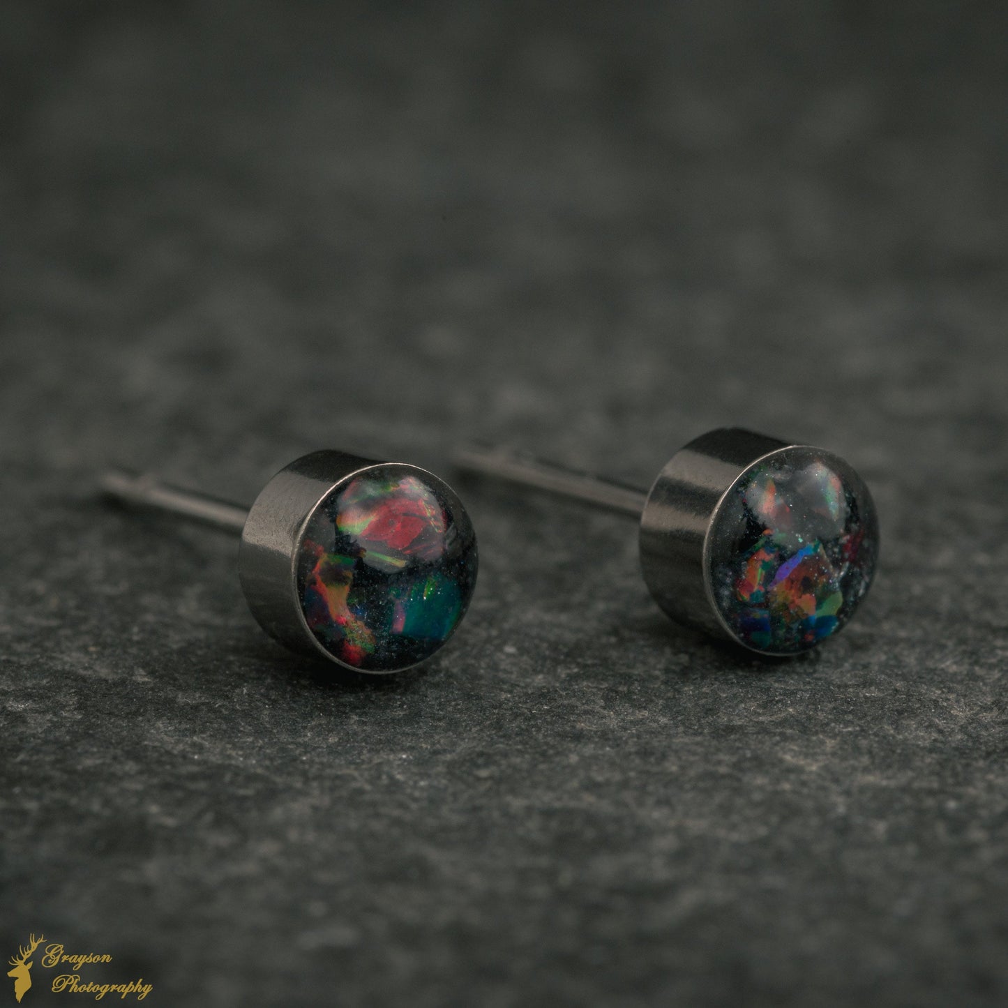 Space Black Stud Earring Pair - Handmade Opal Jewellery - 5mm Stainless Steel Earrings - Minimalist Gift for Her or Him