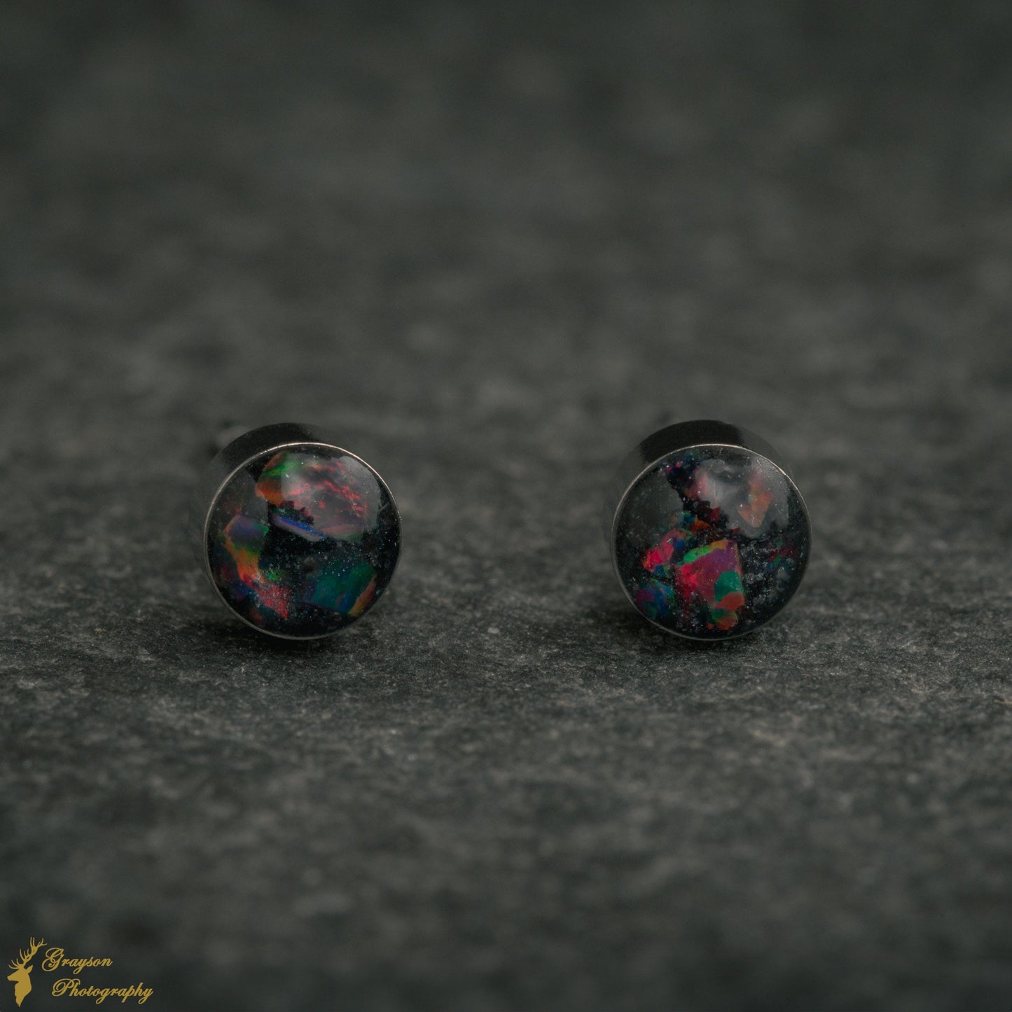 Space Black Stud Earring Pair - Handmade Opal Jewellery - 5mm Stainless Steel Earrings - Minimalist Gift for Her or Him