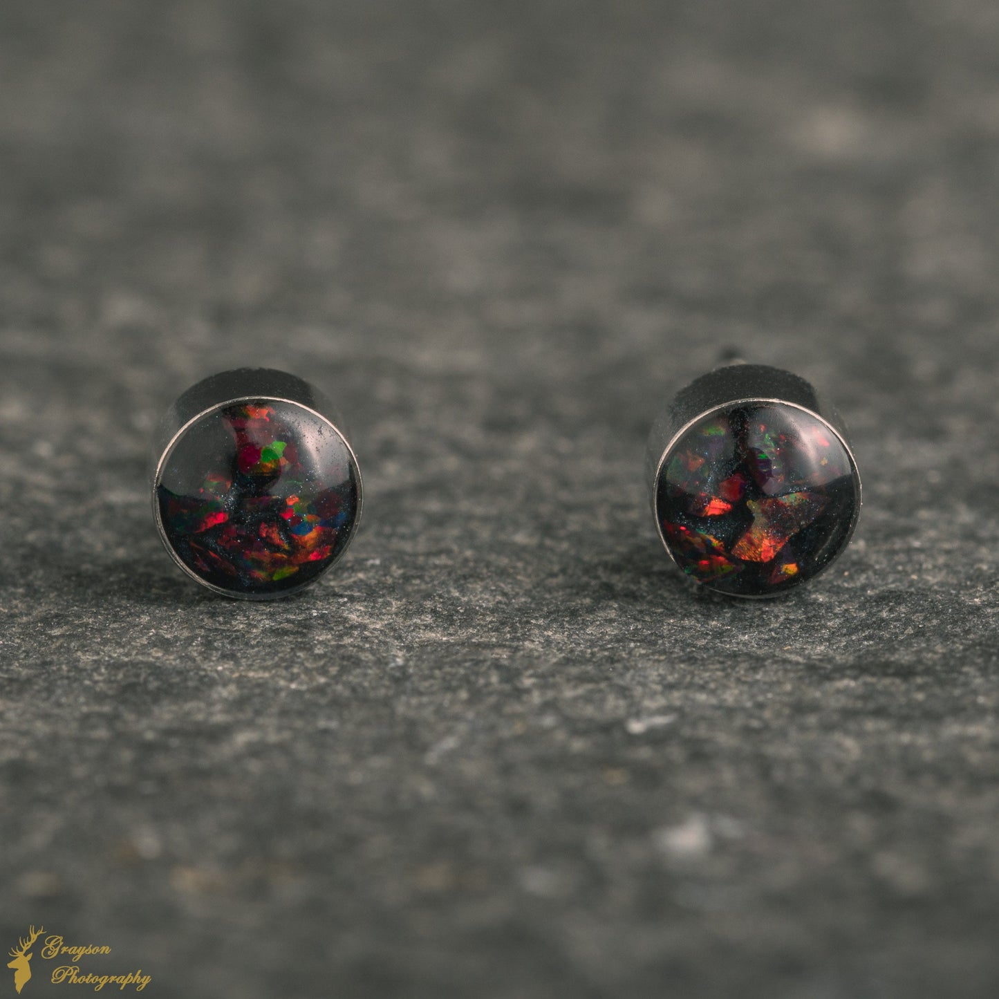 Molten Black Stud Earring Pair - Handmade Opal Jewellery - 5mm Stainless Steel Earrings - Minimalist Gift for Her or Him