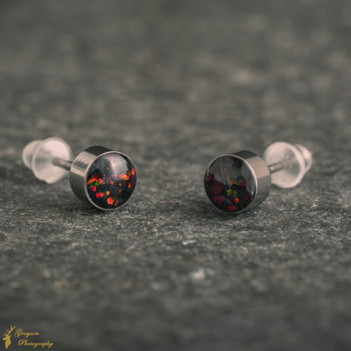 Molten Black Stud Earring Pair - Handmade Opal Jewellery - 5mm Stainless Steel Earrings - Minimalist Gift for Her or Him