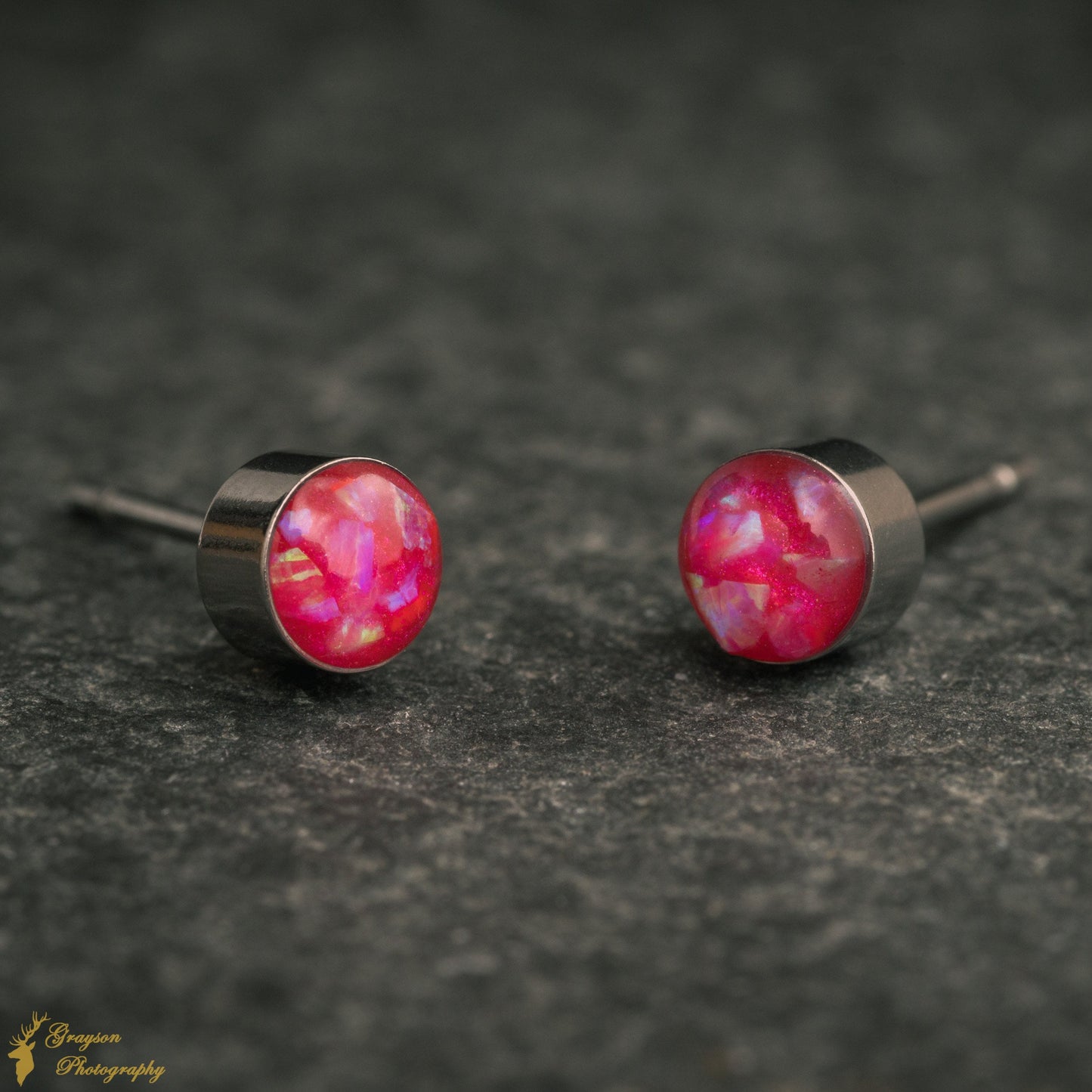 Neon Pink Stud Earring Pair - Handmade Opal Jewellery - 5mm Stainless Steel Earrings - Minimalist Gift for Her or Him