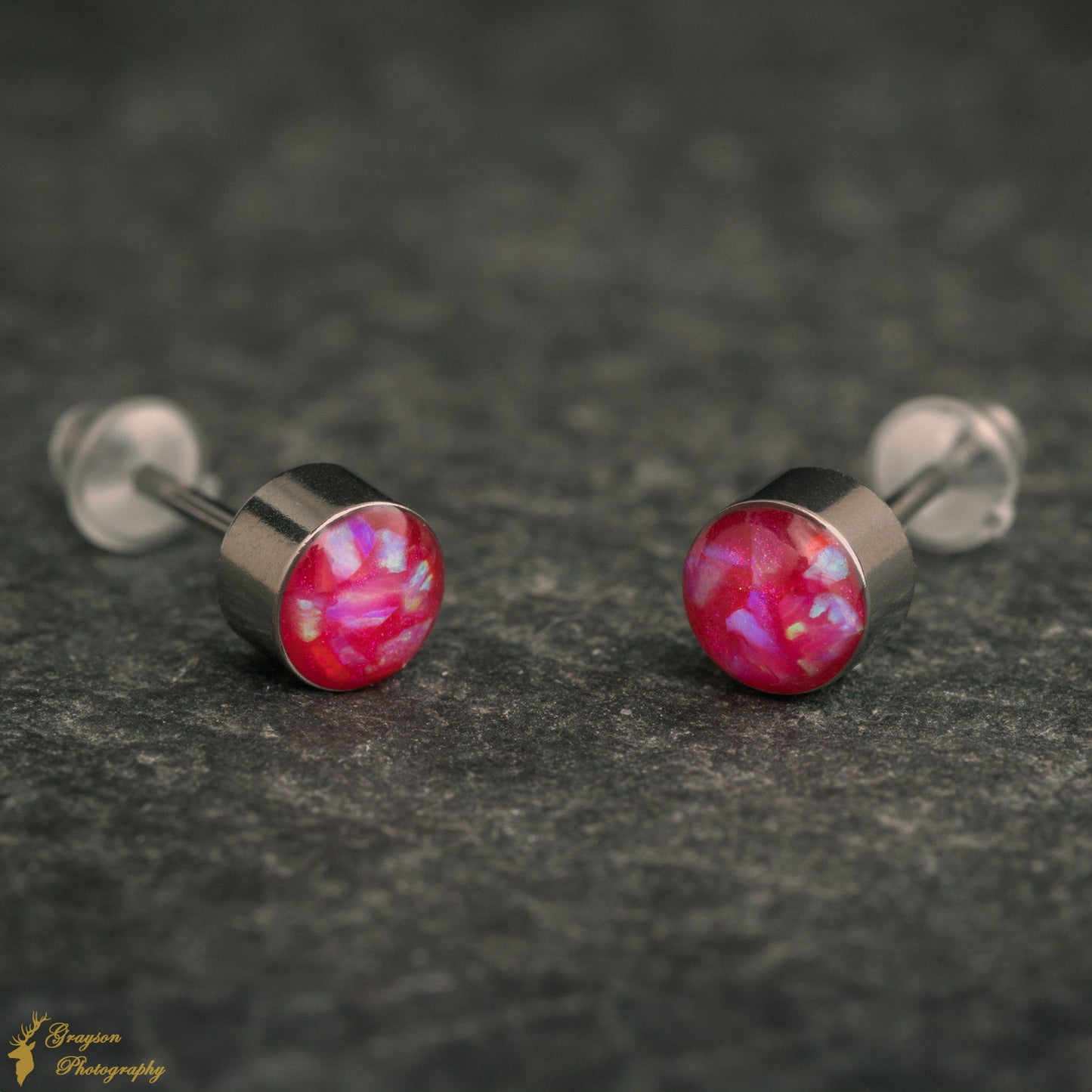 Neon Pink Stud Earring Pair - Handmade Opal Jewellery - 5mm Stainless Steel Earrings - Minimalist Gift for Her or Him