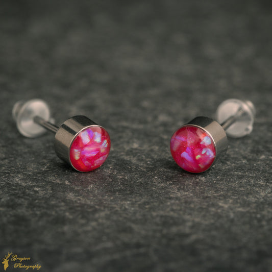 Neon Pink Stud Earring Pair - Handmade Opal Jewellery - 5mm Stainless Steel Earrings - Minimalist Gift for Her or Him