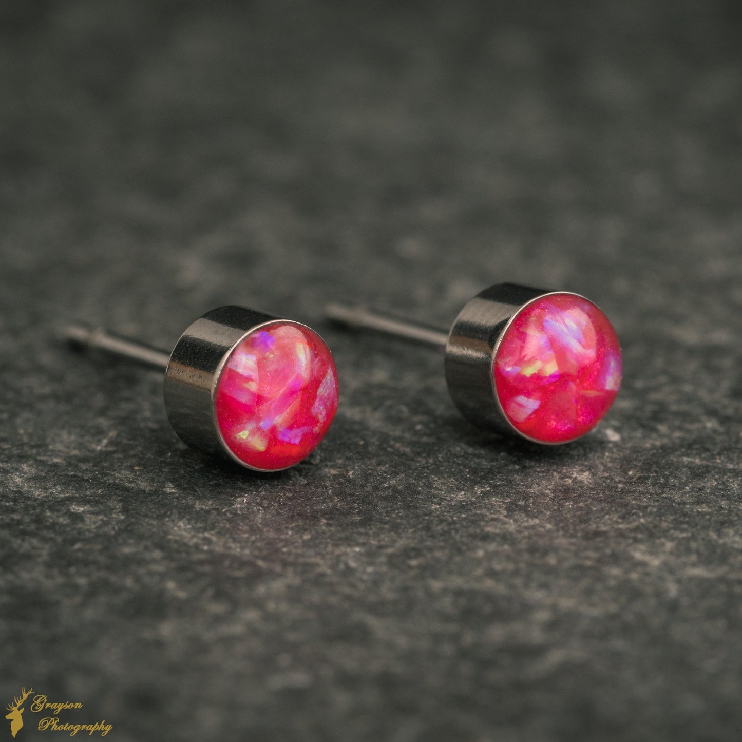 Neon Pink Stud Earring Pair - Handmade Opal Jewellery - 5mm Stainless Steel Earrings - Minimalist Gift for Her or Him