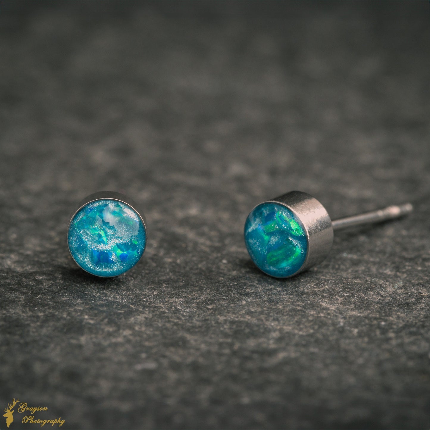 Peacock Blue Stud Earring Pair - Handmade Opal Jewellery - 5mm Stainless Steel Earrings - Minimalist Gift for Her or Him