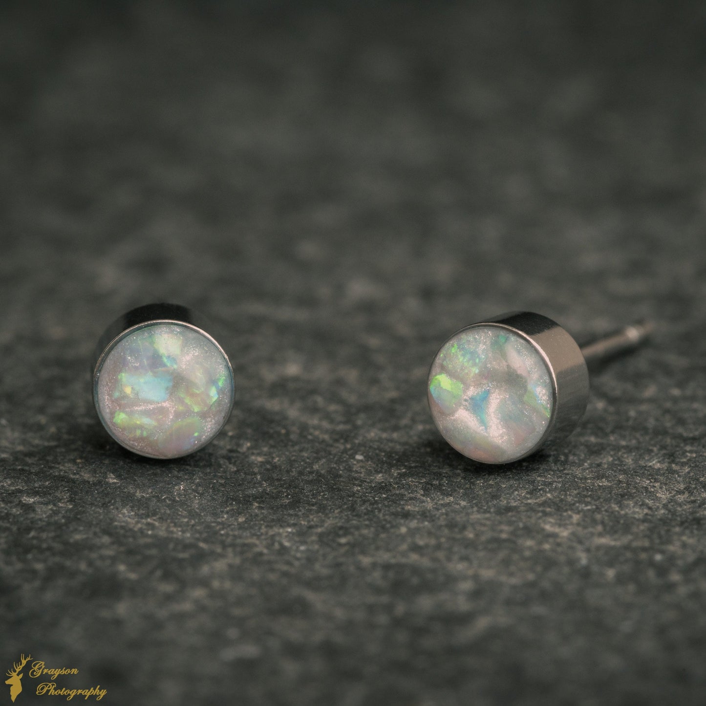 Blue Ice White Opal Stud Earrings – Handmade 5mm Stainless Steel