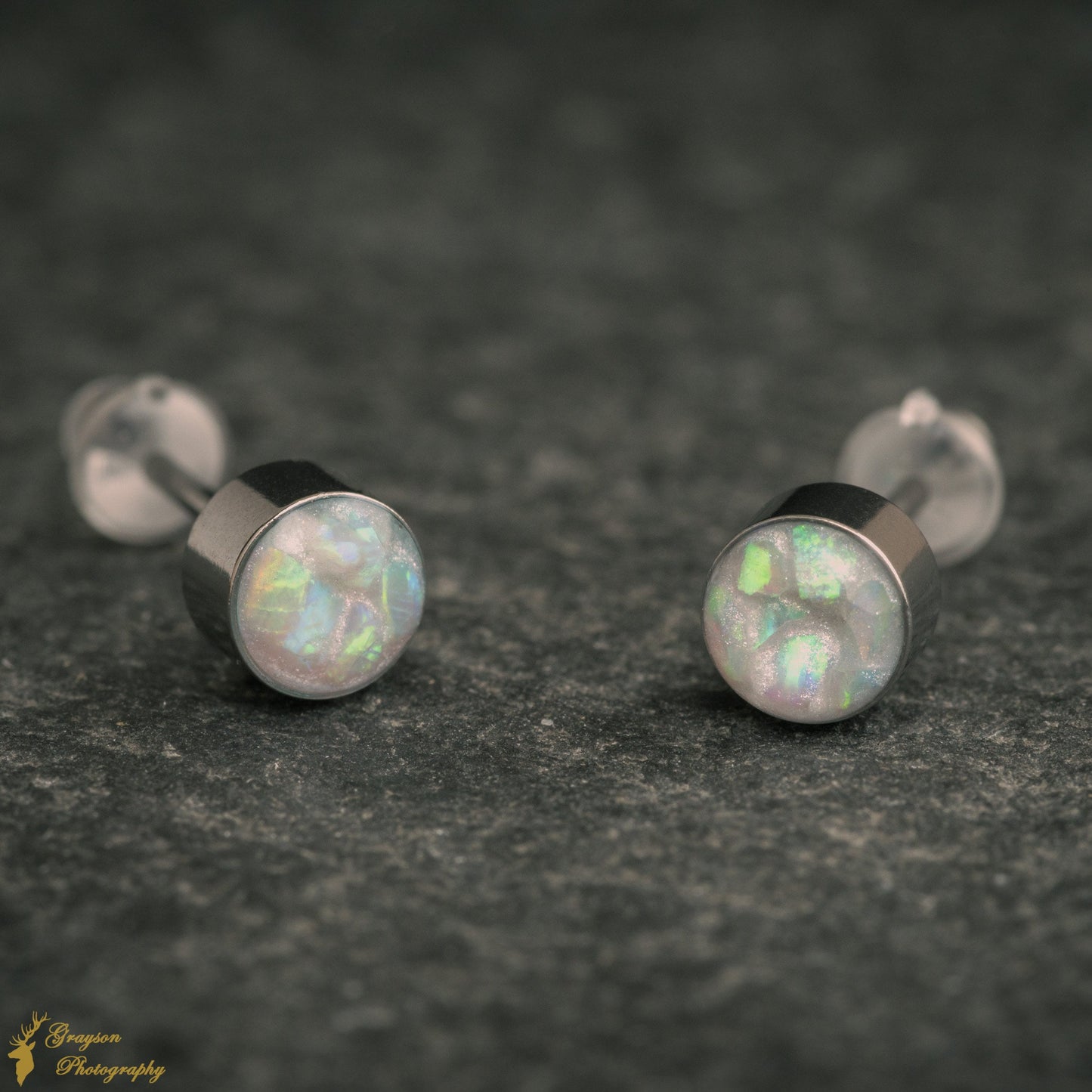 Blue Ice White Opal Stud Earrings – Handmade 5mm Stainless Steel