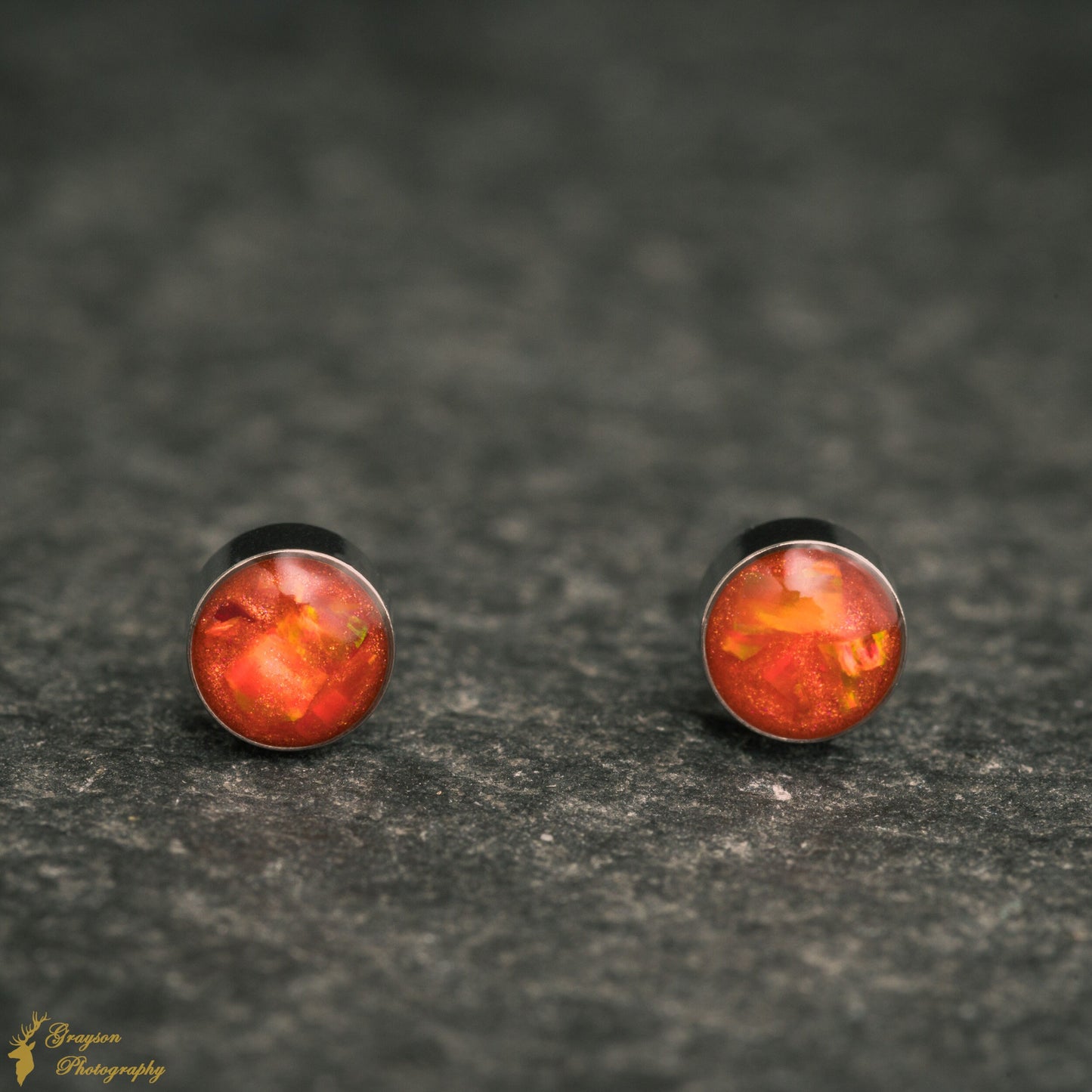 Fire Orange Stud Earring Pair - Handmade Opal Jewellery - 5mm Stainless Steel Earrings - Minimalist Gift for Her or Him