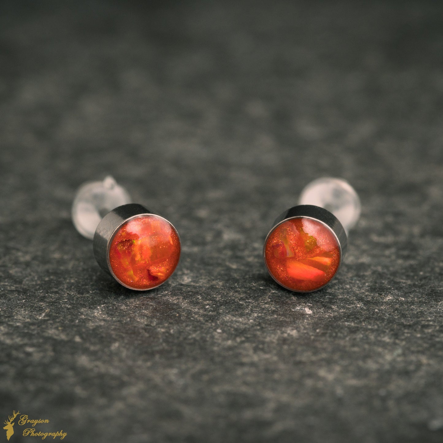 Fire Orange Stud Earring Pair - Handmade Opal Jewellery - 5mm Stainless Steel Earrings - Minimalist Gift for Her or Him