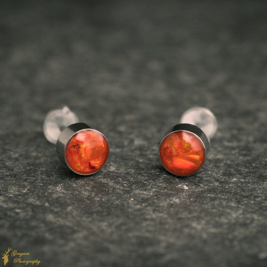 Fire Orange Stud Earring Pair - Handmade Opal Jewellery - 5mm Stainless Steel Earrings - Minimalist Gift for Her or Him