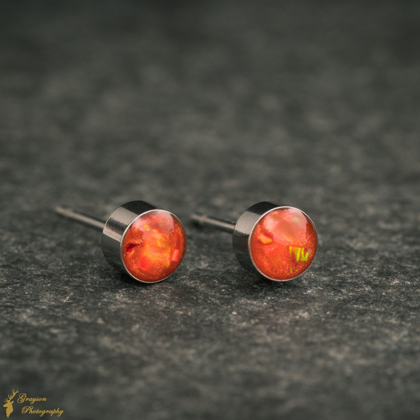 Fire Orange Stud Earring Pair - Handmade Opal Jewellery - 5mm Stainless Steel Earrings - Minimalist Gift for Her or Him