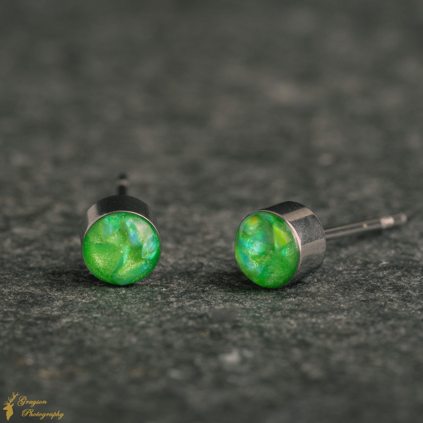 Neon Green Stud Earring Pair - Handmade Opal Jewellery - 5mm Stainless Steel Earrings - Minimalist Gift for Her or Him