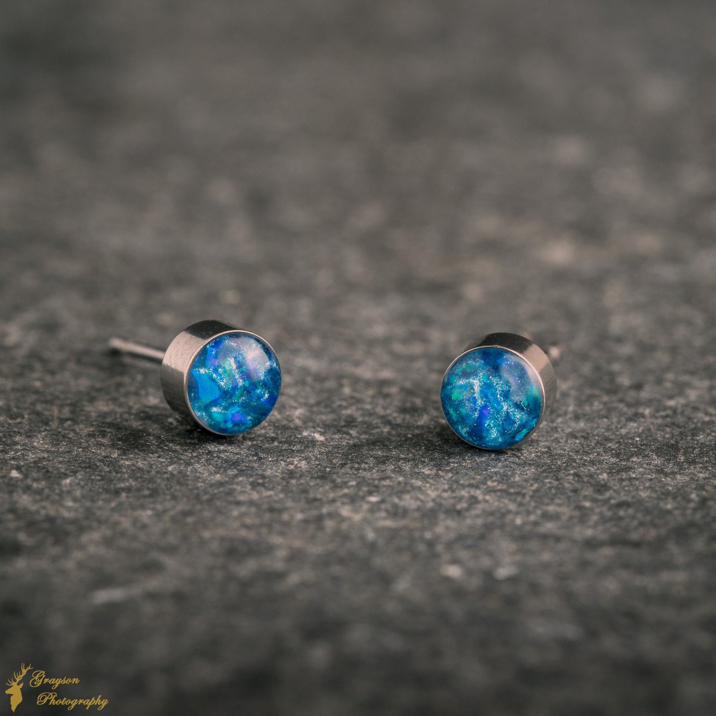 Ocean Blue Stud Earring Pair - Handmade Opal Jewellery - 5mm Stainless Steel Earrings - Minimalist Gift for Her or Him