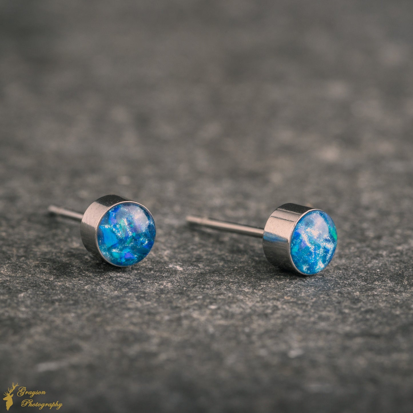 Ocean Blue Stud Earring Pair - Handmade Opal Jewellery - 5mm Stainless Steel Earrings - Minimalist Gift for Her or Him