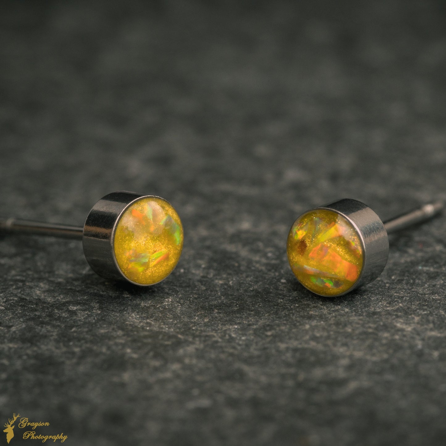 Olive Yellow Stud Earring Pair - Handmade Opal Jewellery - 5mm Stainless Steel Earrings - Minimalist Gift for Her or Him