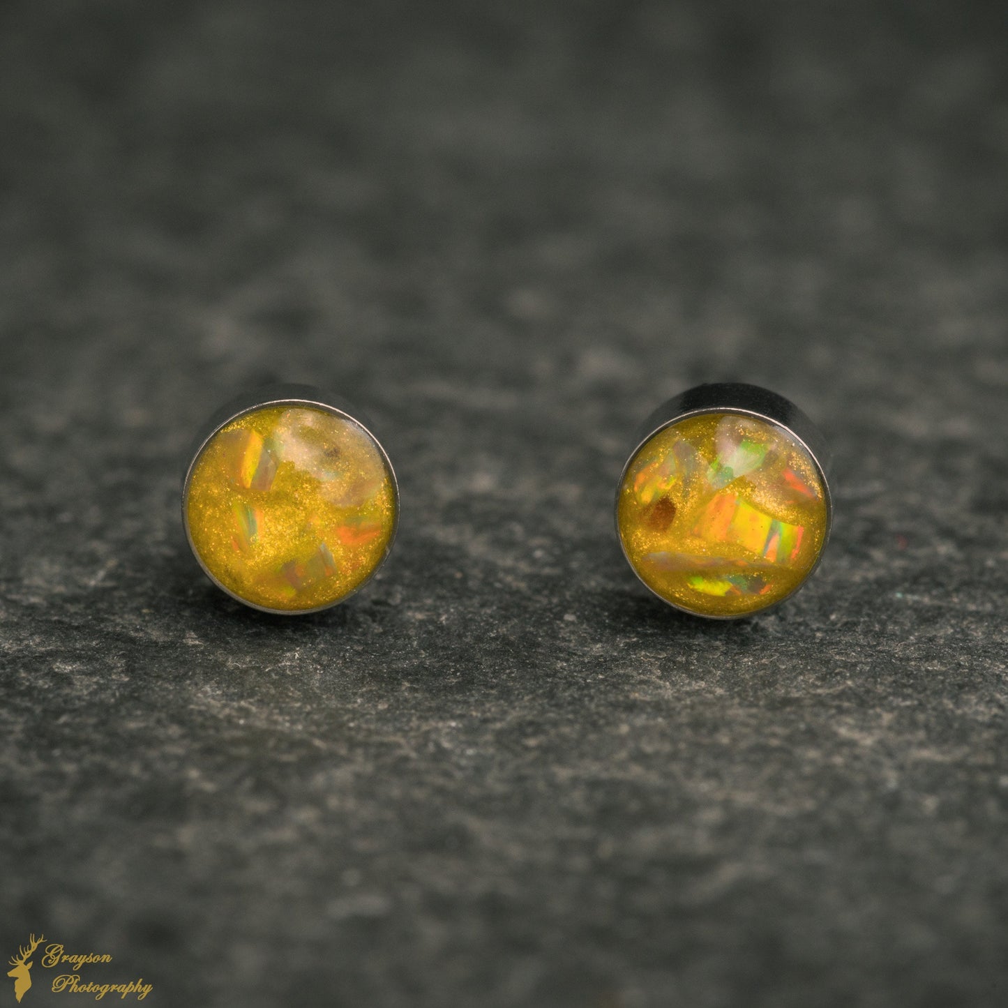 Olive Yellow Stud Earring Pair - Handmade Opal Jewellery - 5mm Stainless Steel Earrings - Minimalist Gift for Her or Him