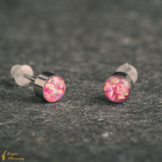 Rose Pink Stud Earring Pair - Handmade Opal Jewellery - 5mm Stainless Steel Earrings - Minimalist Gift for Her or Him